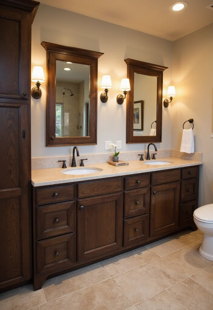 14 Dark Brown Bathroom Cabinet Ideas With Depth - 1. Vintage-Inspired Dual Toned Cabinets