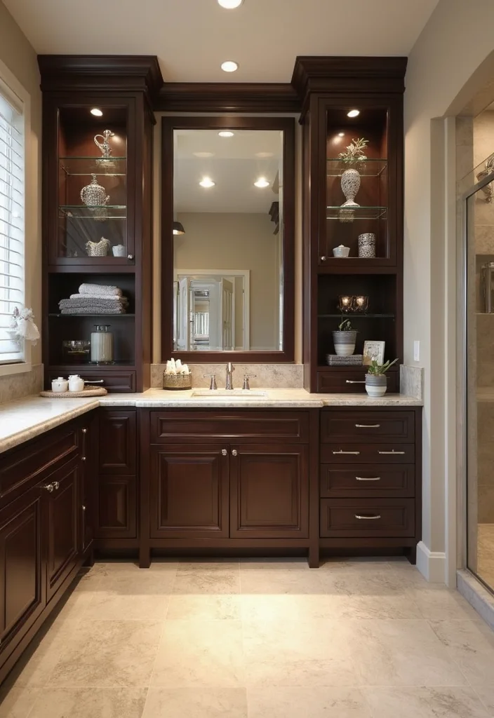 14 Dark Brown Bathroom Cabinet Ideas With Depth - 13. Cabinets with Glass Fronts