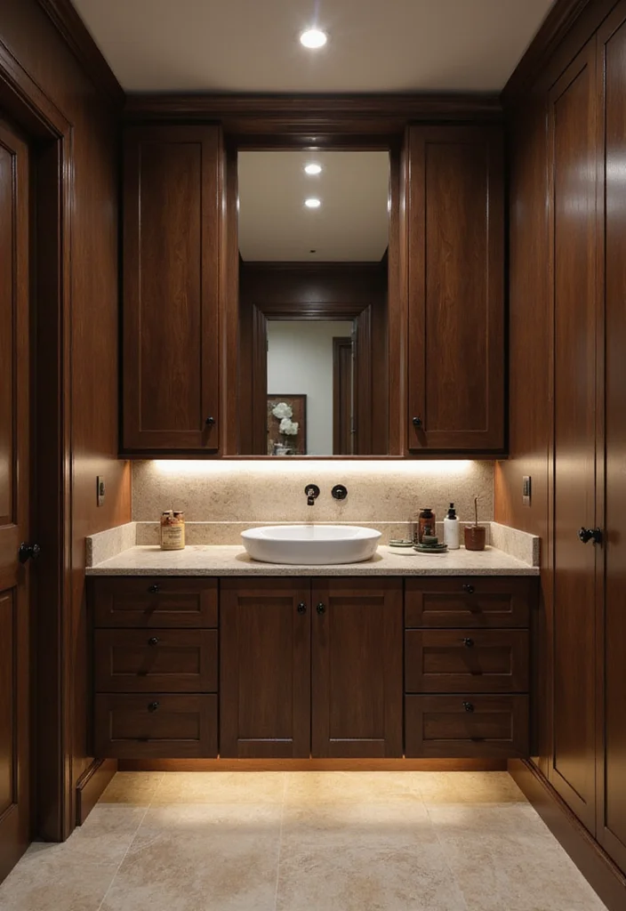 14 Dark Brown Bathroom Cabinet Ideas With Depth - 14. Dark Brown Cabinets with Built-In Lighting