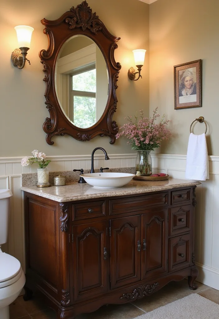 14 Dark Brown Bathroom Cabinet Ideas With Depth - 6. Vintage Vanity with Dark Brown Cabinets