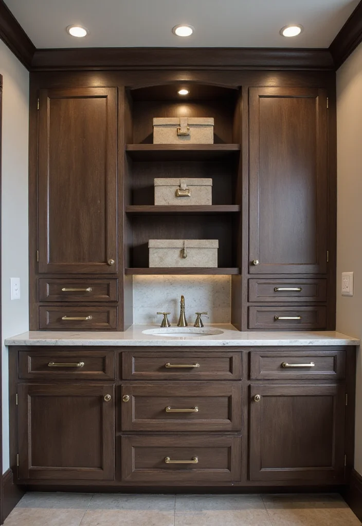14 Dark Brown Bathroom Cabinet Ideas With Depth - 9. Dark Brown Cabinets with Exposed Hardware