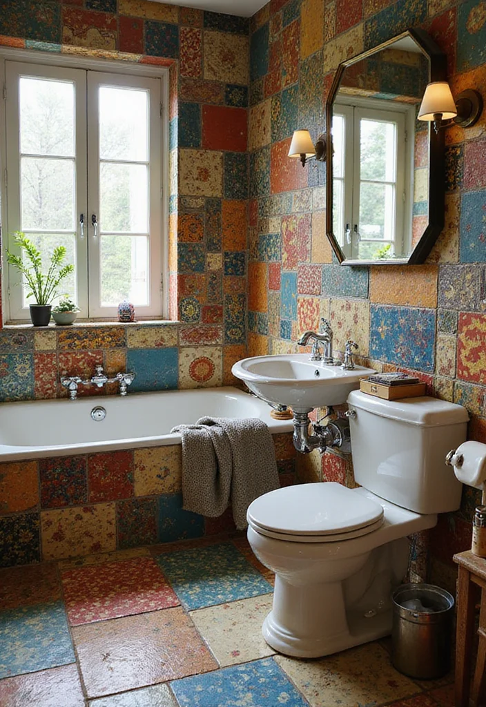 14 Fun Tile Bathroom Ideas With Playful Patterns - 6. Colorful Patchwork Tiles