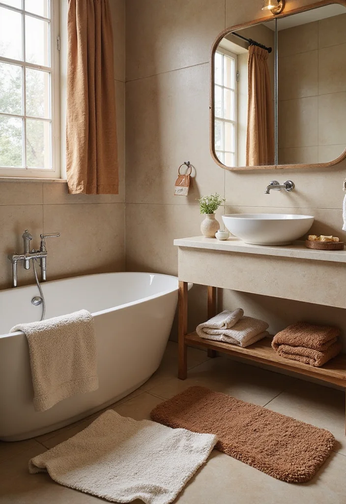 14 Garden Bathroom Ideas With Natural Calm - 12. Textured Bath Mats and Towels
