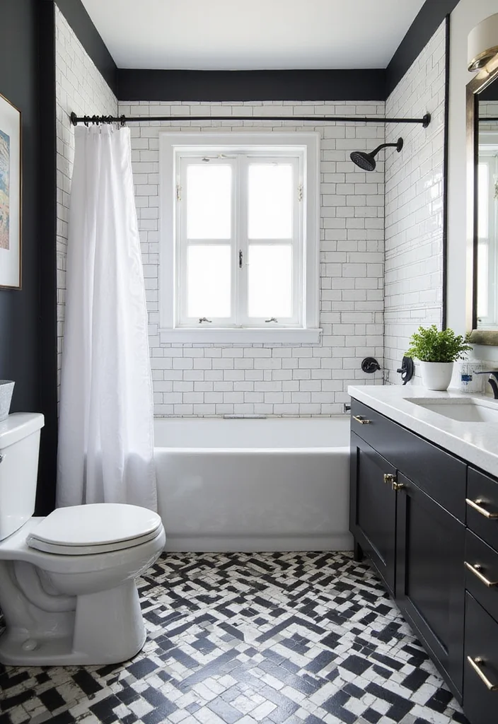 14 Geometric Tile Bathroom Ideas With Modern Flair - 1. Bold Black and White Patterns