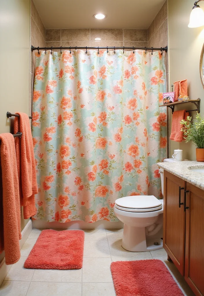 14 Girly Bathroom Ideas With Cute Personality - 1. Floral Shower Curtain Delight