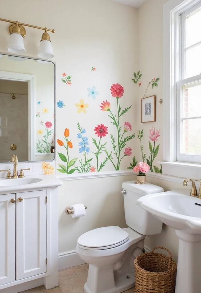 14 Girly Bathroom Ideas With Cute Personality - 3. Floral Wall Decals