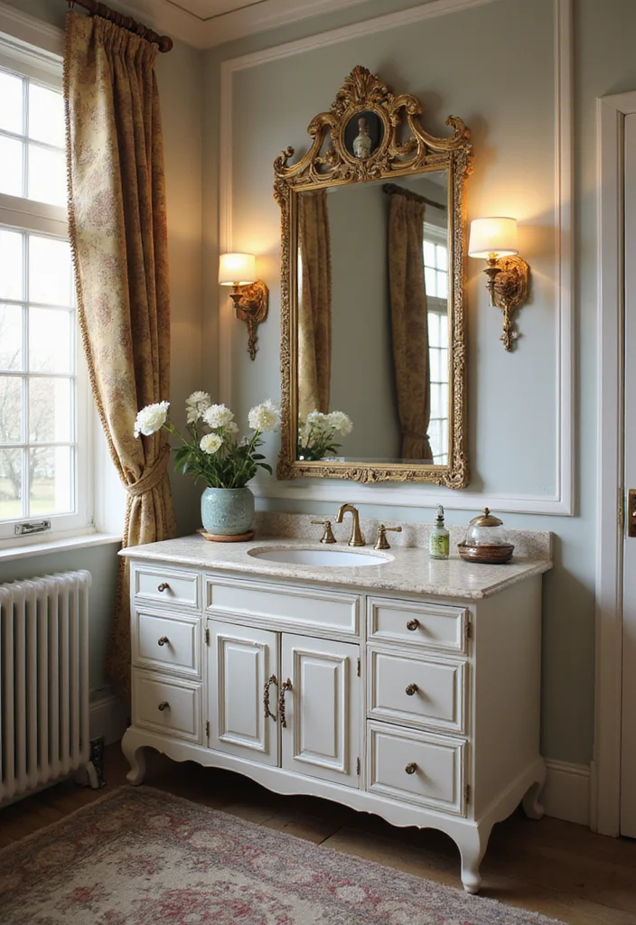 14 Girly Bathroom Ideas With Cute Personality - 4. Vintage Vanity Charm