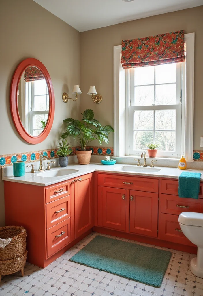 14 L Shaped Bathroom Vanity Ideas That Save Space - 10. Color Pop