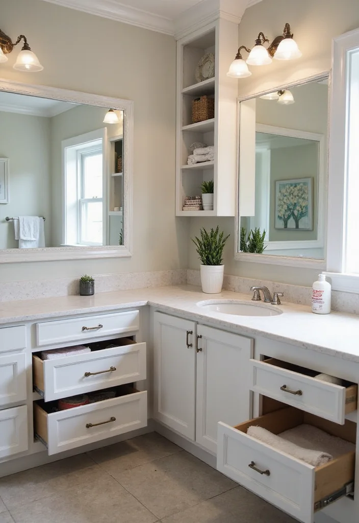 14 L Shaped Bathroom Vanity Ideas That Save Space - 9. Smart Storage Solutions