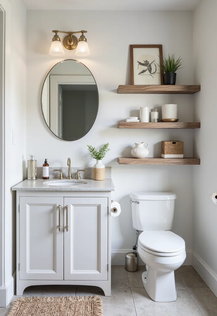 14 Large Half Bathroom Ideas For Open Space - 11. Open Shelving for a Modern Touch
