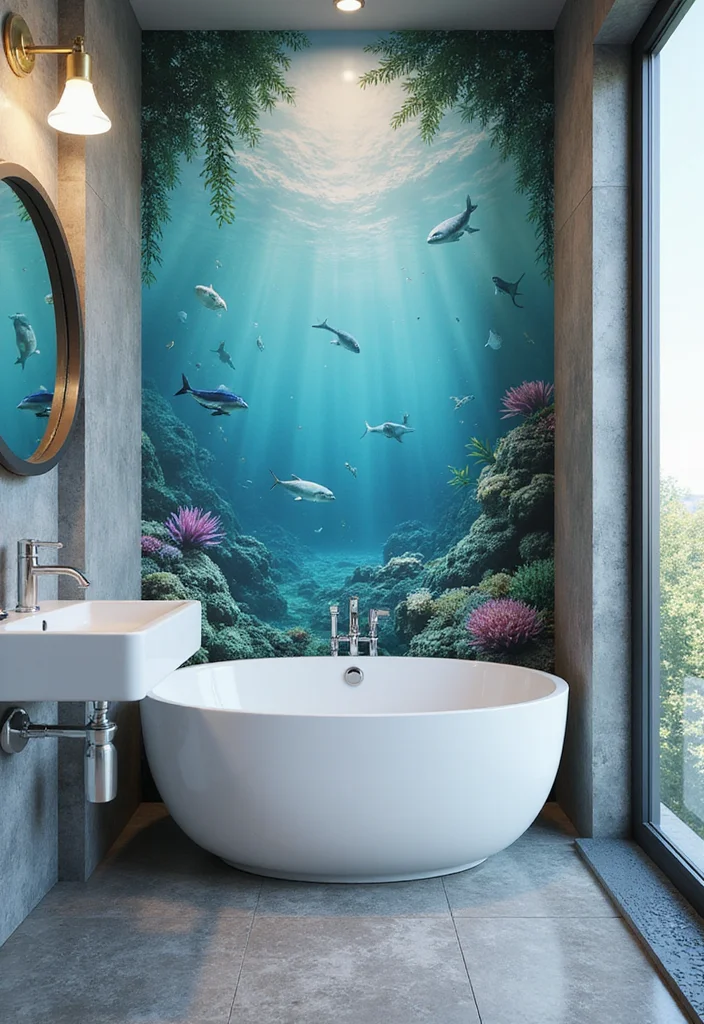 14 Mermaid Tile Bathroom Ideas With Ocean Aesthetic - 12. Accent Wall with Ocean Mural