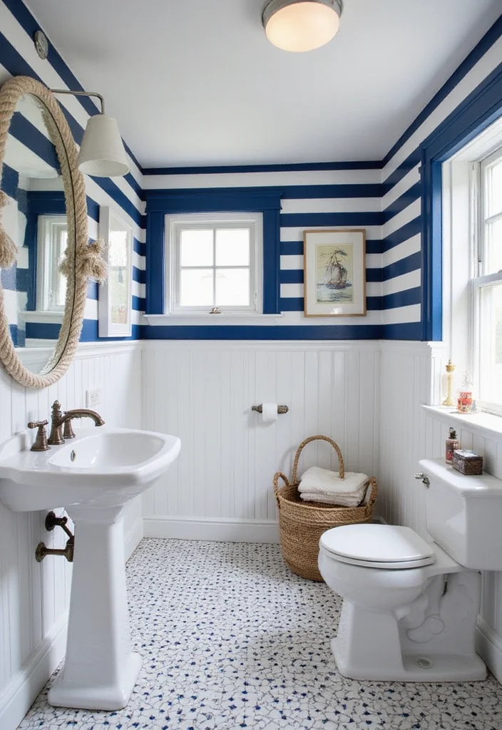 14 Mermaid Tile Bathroom Ideas With Ocean Aesthetic - 6. Nautical Stripes
