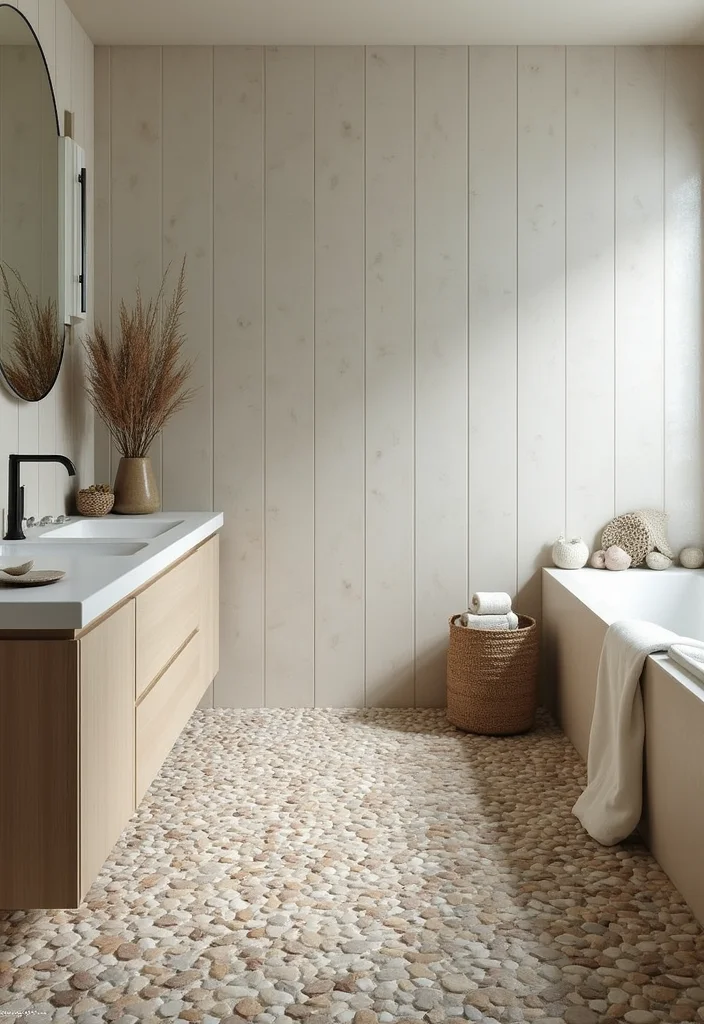 14 Mermaid Tile Bathroom Ideas With Ocean Aesthetic - 7. Beach Pebble Flooring