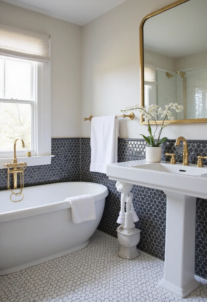 14 Penny Tile Bathroom Ideas With Timeless Texture - 1. Classic Black and White Elegance