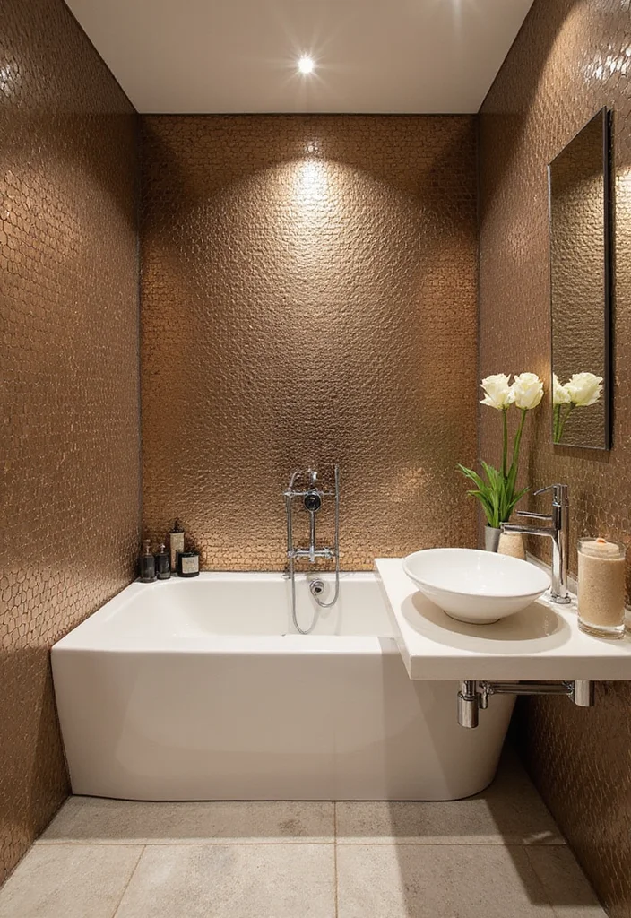 14 Penny Tile Bathroom Ideas With Timeless Texture - 10. Luxurious Metallic Touches