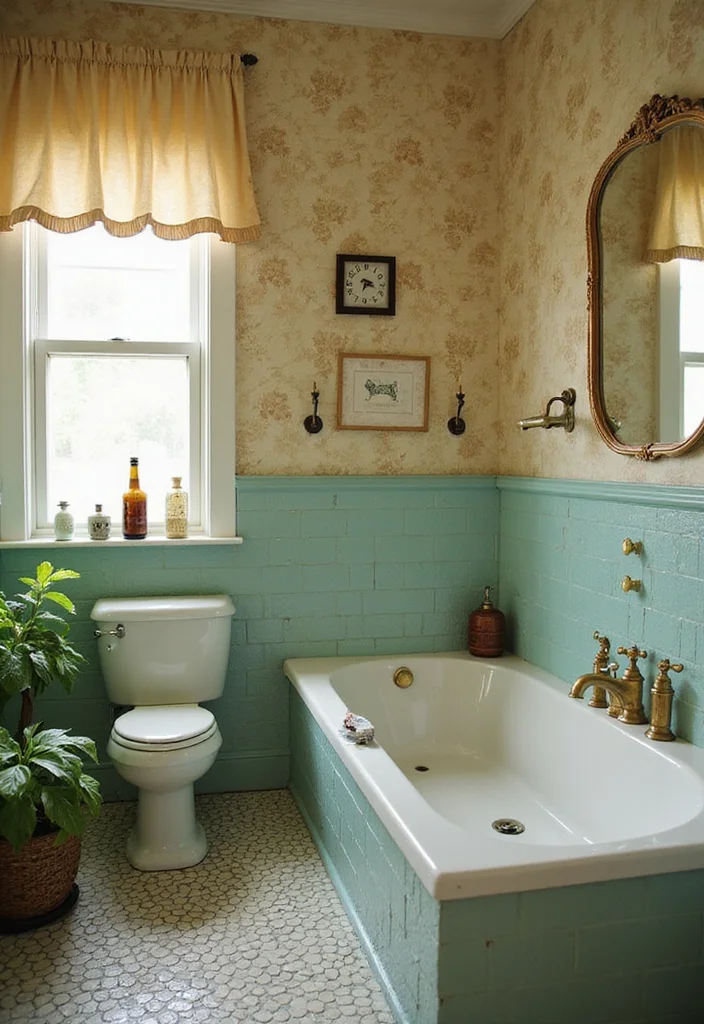 14 Penny Tile Bathroom Ideas With Timeless Texture - 3. Vintage Vibes with Retro Colors