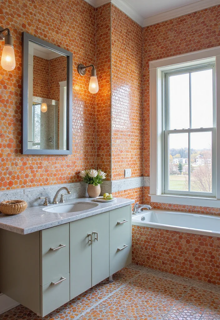 14 Penny Tile Bathroom Ideas With Timeless Texture - 6. Bold and Bright Accents
