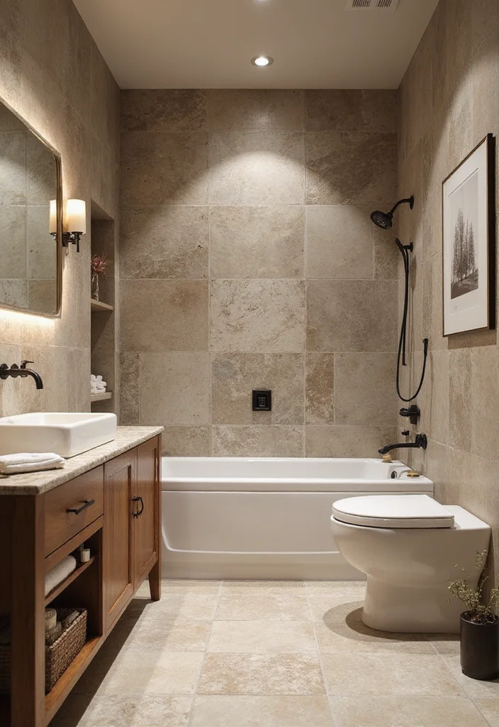 14 Penny Tile Bathroom Ideas With Timeless Texture - 7. Natural Stone and Penny Tile Fusion