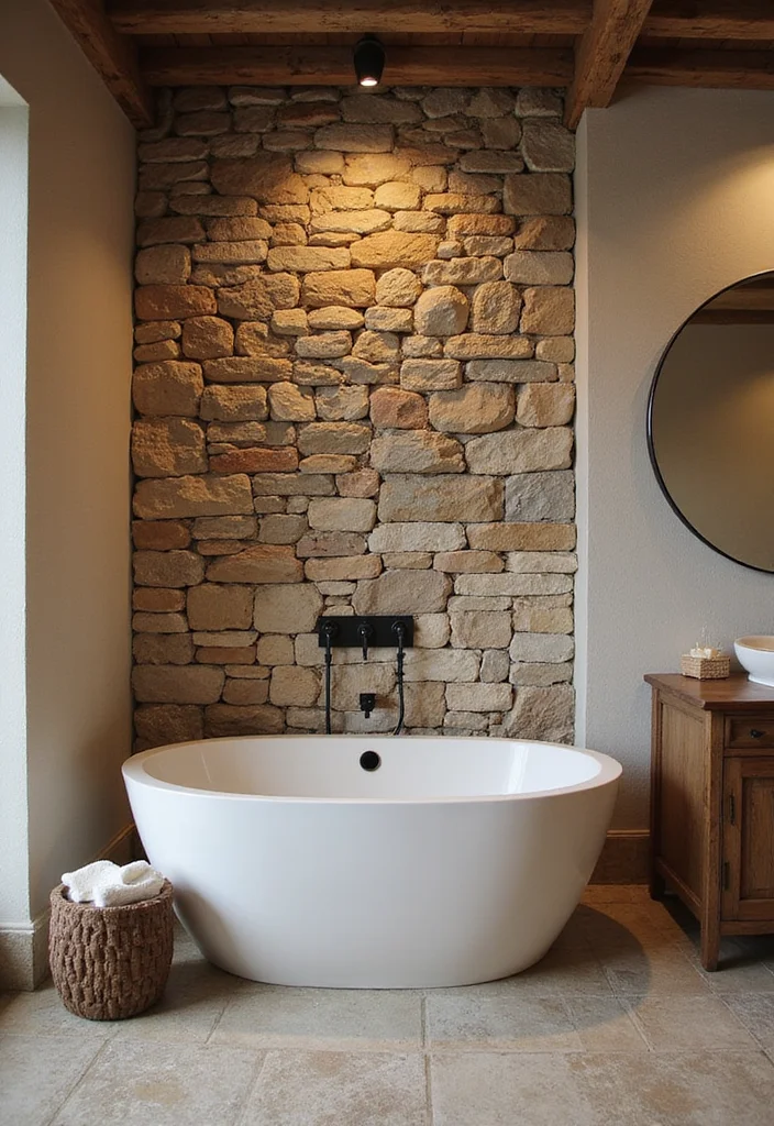 14 Rustic Bathroom Ideas With Cozy Character - 3. Stone Wall Features