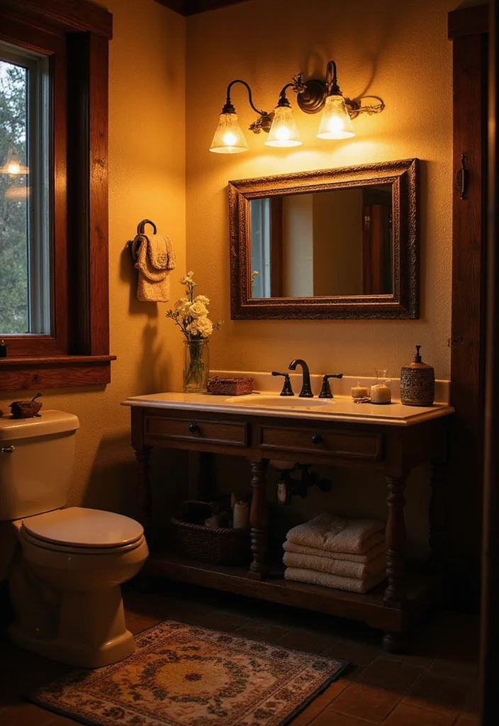 14 Rustic Bathroom Ideas With Cozy Character - 7. Vintage Lighting Fixtures
