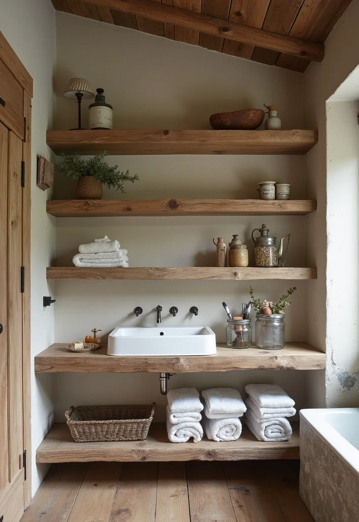 14 Rustic Bathroom Ideas With Cozy Character - 9. Open Shelving for Storage