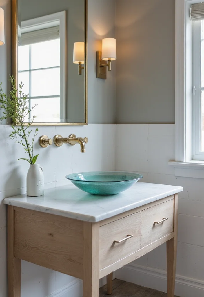 14 Sink On Top Vanity Bathroom Ideas With Modern Look - 10. Chic Vanity with Glass Sink