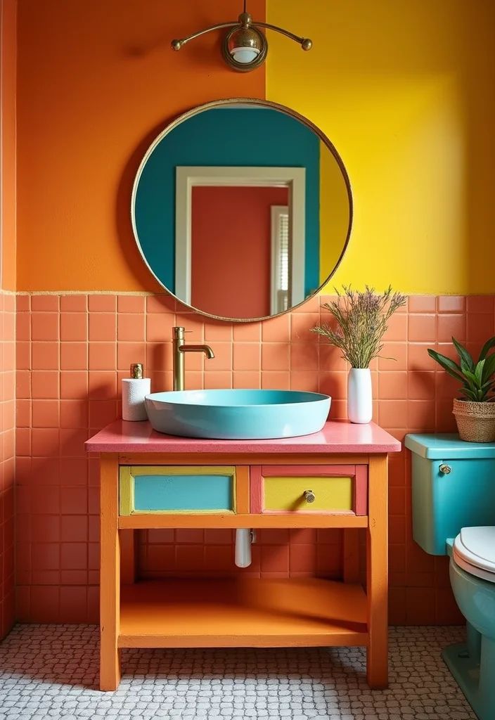 14 Sink On Top Vanity Bathroom Ideas With Modern Look - 11. Bold Painted Vanity with Matching Sink