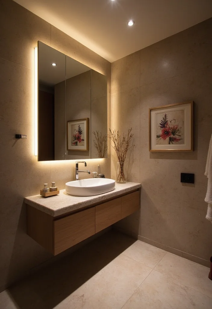 14 Sink On Top Vanity Bathroom Ideas With Modern Look - 13. Luxurious Vanity with Integrated LED Lighting