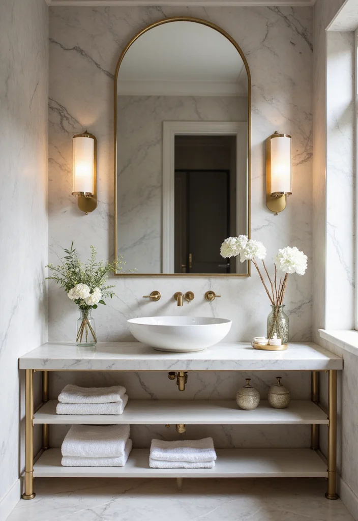 14 Sink On Top Vanity Bathroom Ideas With Modern Look - 2. Marble Top Vanity with Vessel Sink