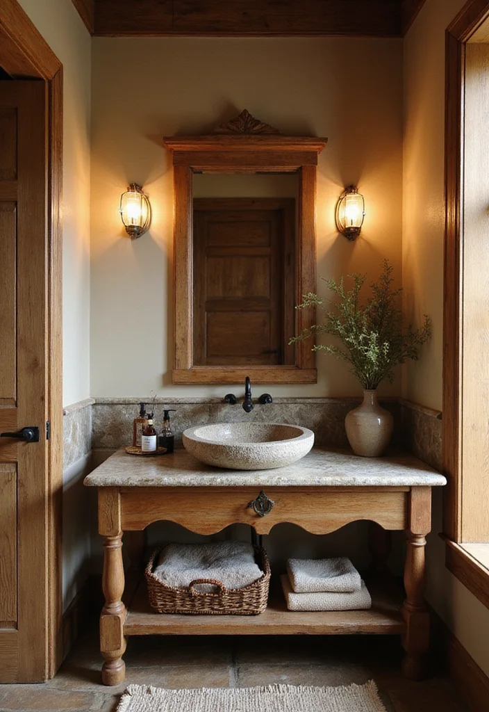 14 Sink On Top Vanity Bathroom Ideas With Modern Look - 9. Rustic Vanity with Stone Sink