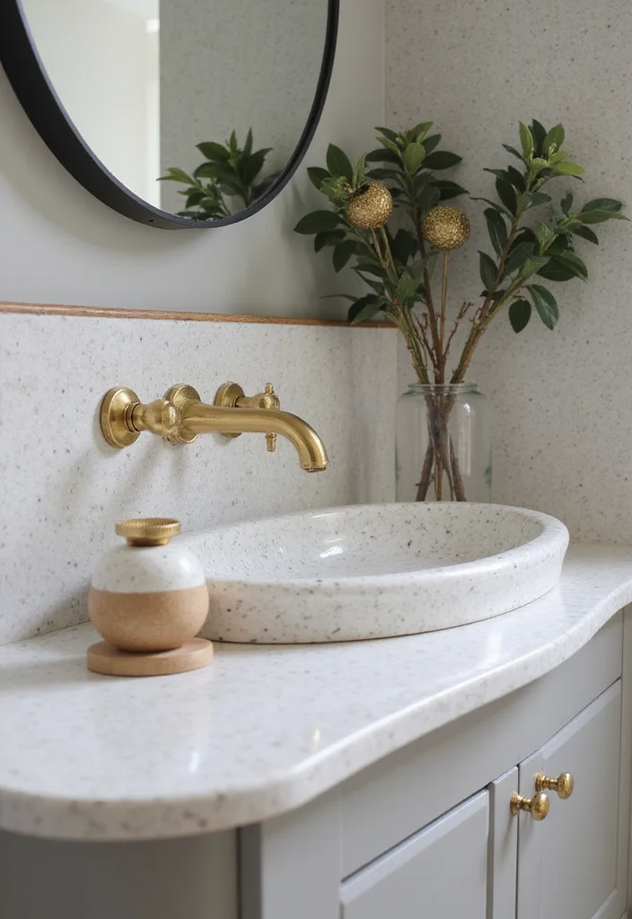14 Terrazzo Bathroom Ideas With Trendy Sparkle - 7. Terrazzo Accents on Fixtures