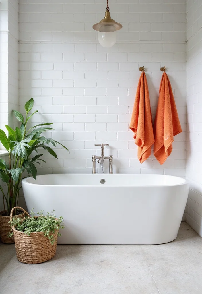14 White Subway Tile Bathroom Ideas With Clean Style - 10. Incorporate Color with Accessories