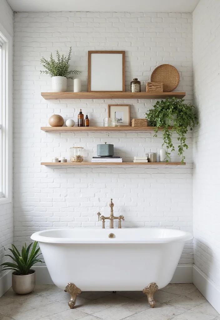 14 White Subway Tile Bathroom Ideas With Clean Style - 12. Open Shelving for Practicality and Style