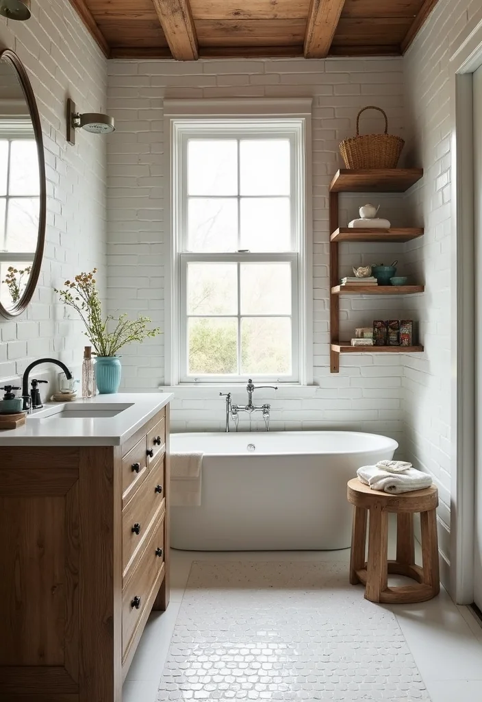 14 White Subway Tile Bathroom Ideas With Clean Style - 2. Rustic Charm: Subway Tile with Wood Accents