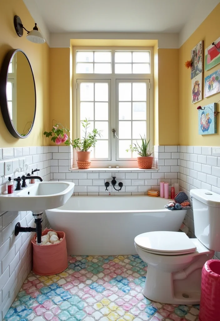 14 White Subway Tile Bathroom Ideas With Clean Style - 5. Subway Tile Backsplash with Colorful Accents