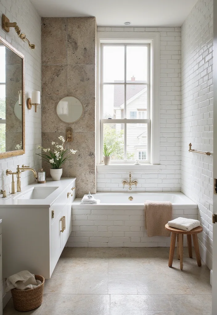 14 White Subway Tile Bathroom Ideas With Clean Style - 7. Mixed Materials for Layered Looks