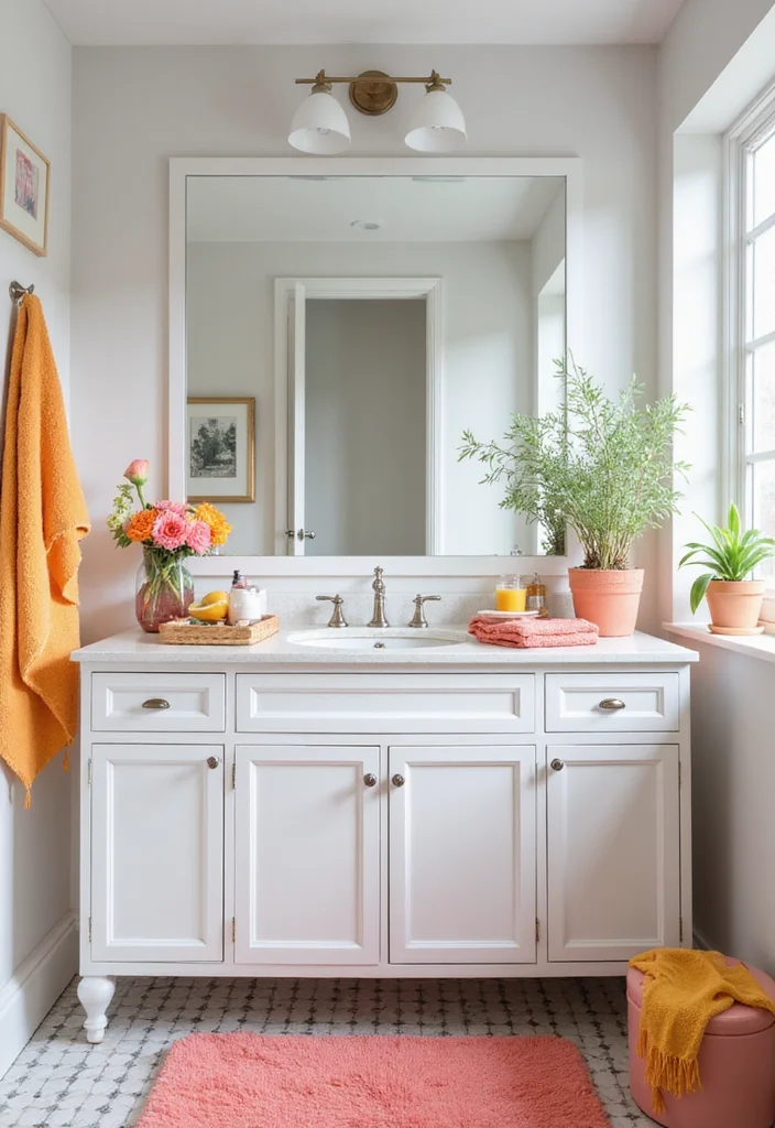 14 White Vanity Bathroom Ideas That Feel Fresh - 11. Pop of Color Accents