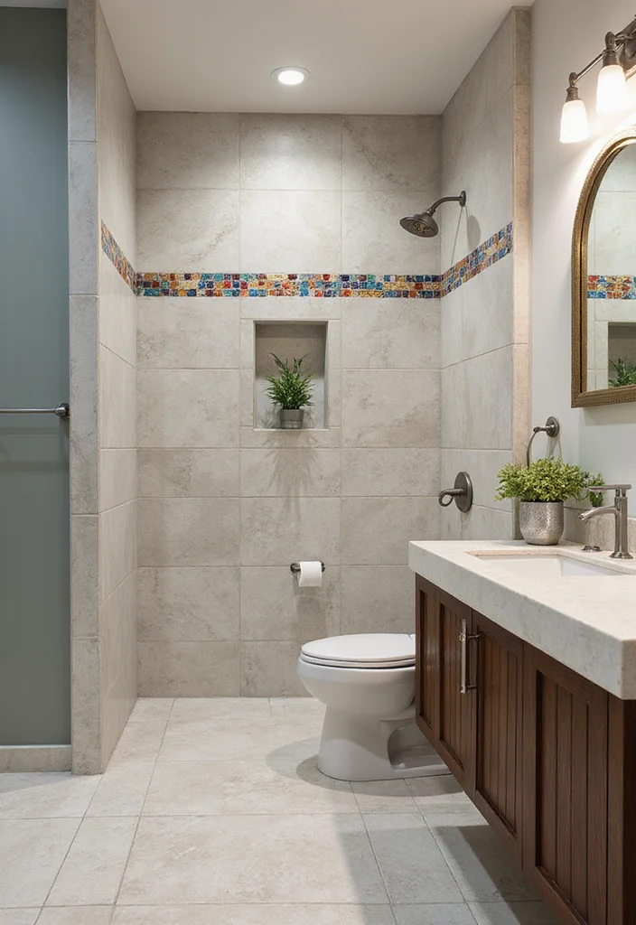 16 Large Format Tile Bathroom Ideas For Seamless Style - 16. Customized Mosaic Accents