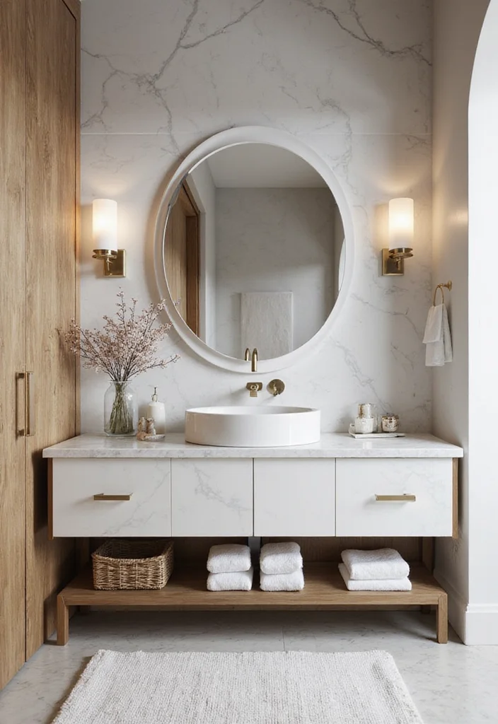 16 Marble Bathroom Vanity Ideas With Luxury Style - 1. Sustainable Chic: White Marble with Wood Accents