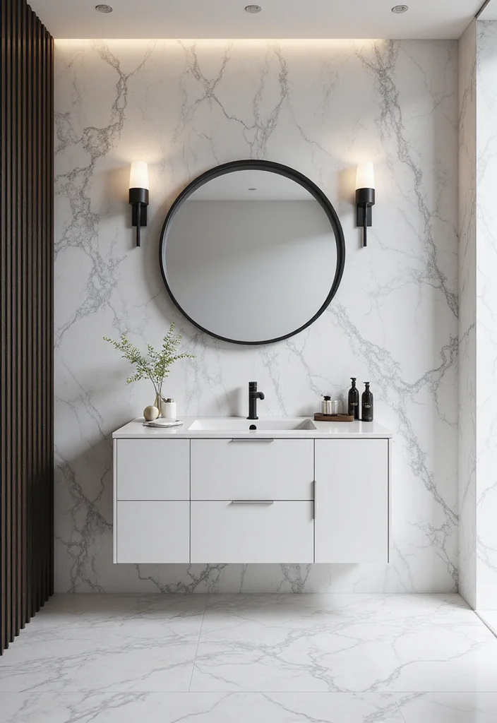 16 Marble Bathroom Vanity Ideas With Luxury Style - 14. Marble as a Statement Wall Feature