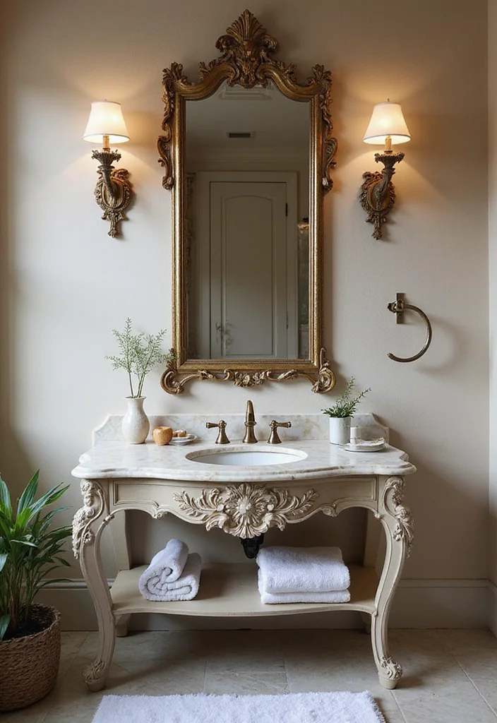 16 Marble Bathroom Vanity Ideas With Luxury Style - 4. Vintage Elegance: Carved Marble Vanity