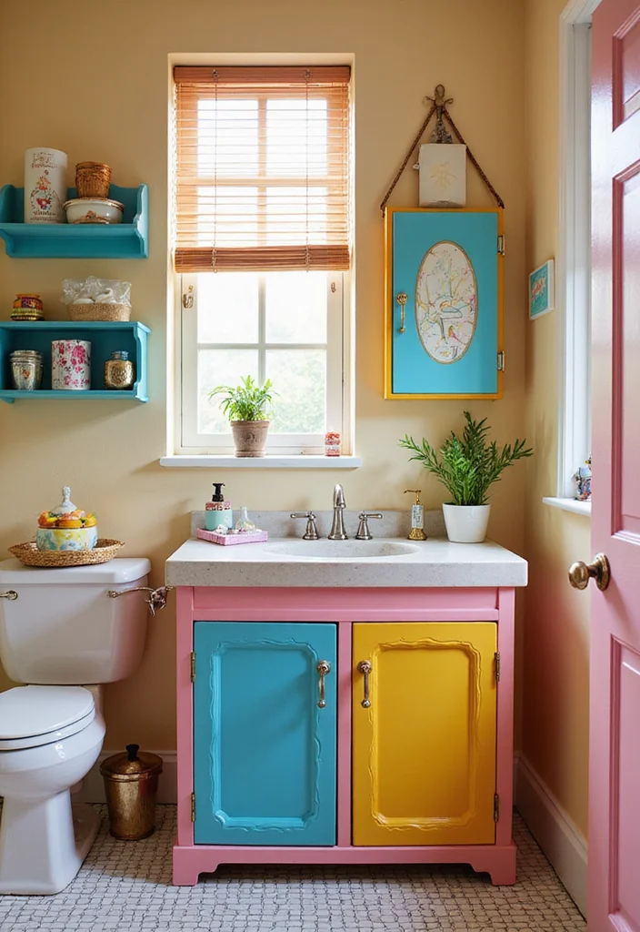 16 Vintage Bathroom Vanity Ideas With Classic Charm - 14. Colorful Whimsy