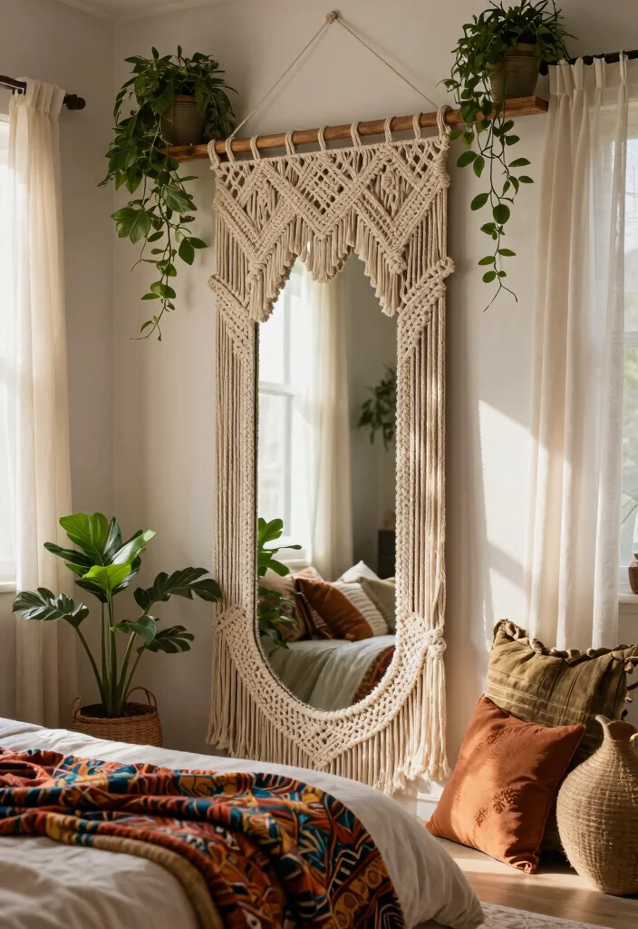 15 Bedroom Mirror Ideas: Full Length Chic and Practical - 3. Boho Chic with Macrame Accents 1