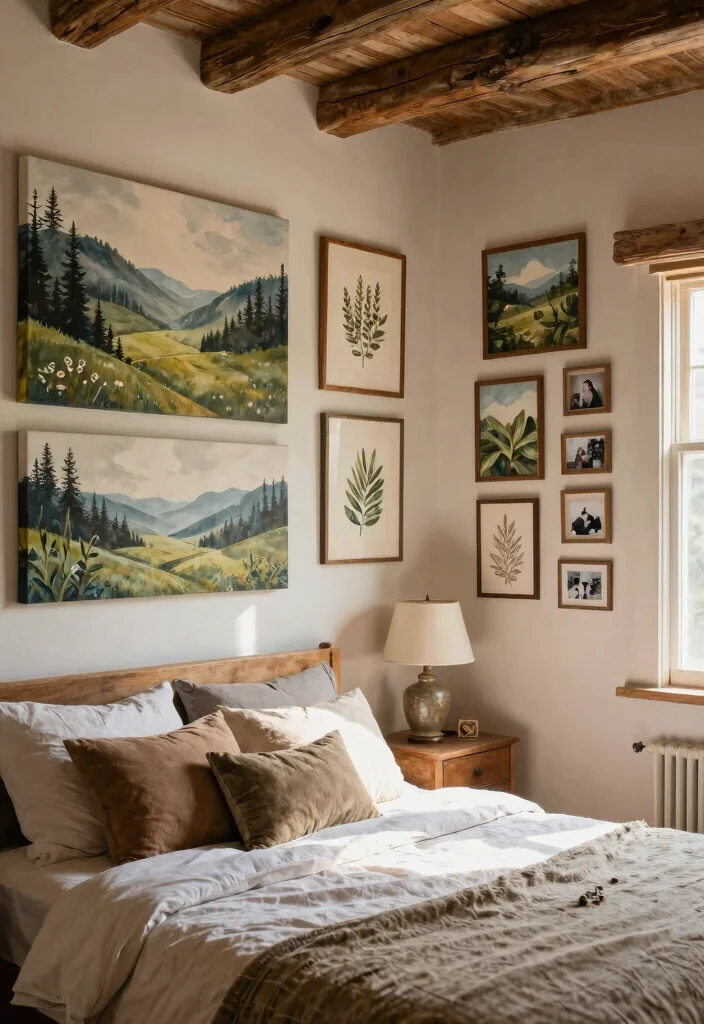 15 Country Rustic Bedroom Ideas: Warm Cozy Retreats - 14. Nature-Inspired Wall Art 1