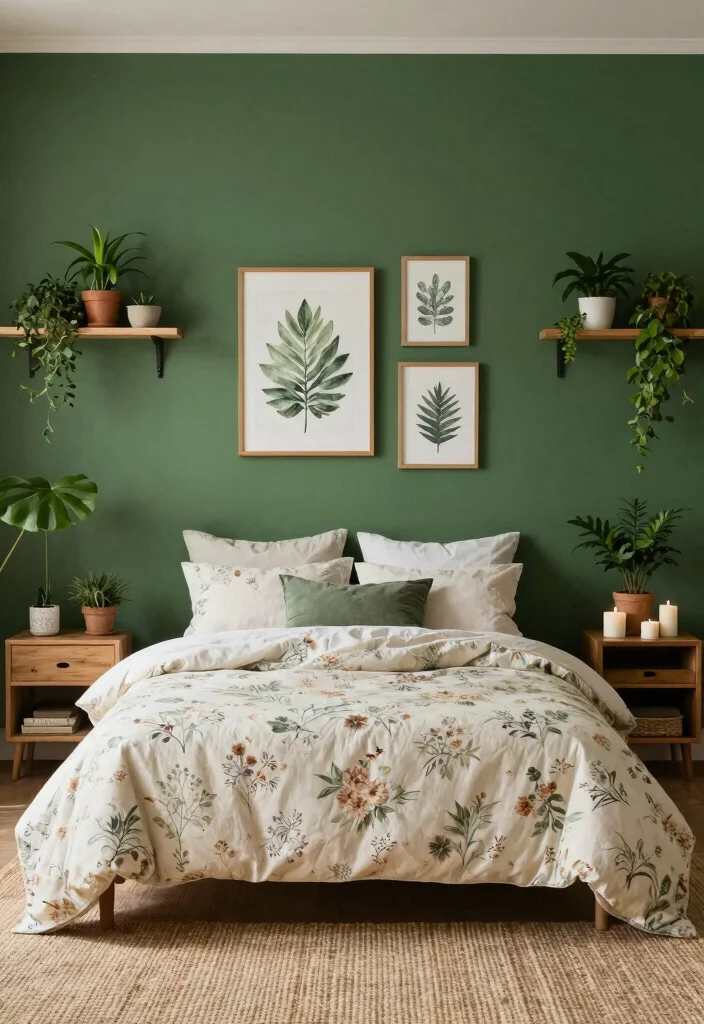 15 Dark Green Accent Wall Bedroom Ideas Bold and Cozy - 1. Botanical Bliss in Deep Green 1