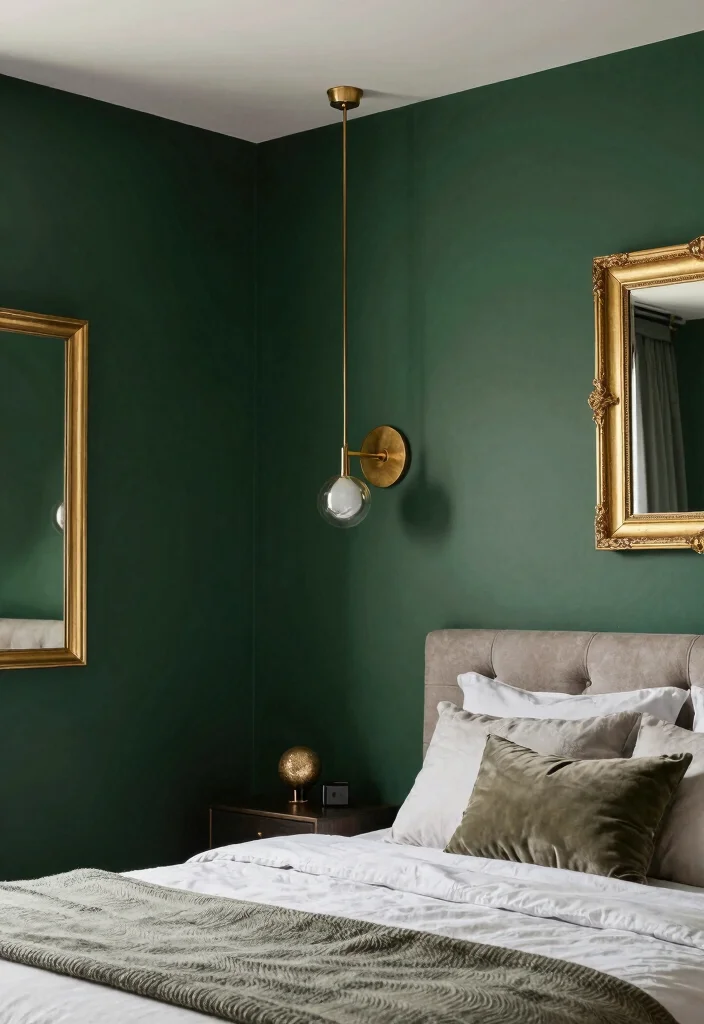 15 Dark Green Accent Wall Bedroom Ideas Bold and Cozy - 11. Dark Green with Metallic Accents 1