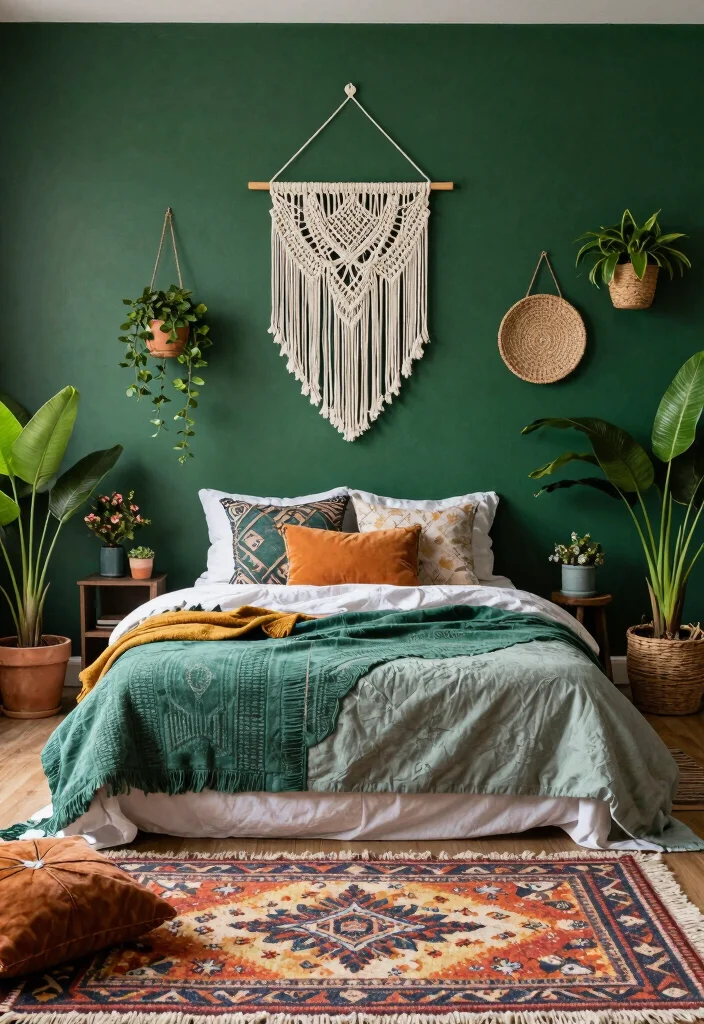 15 Dark Green Accent Wall Bedroom Ideas Bold and Cozy - 12. Eclectic Bohemian Vibes 1
