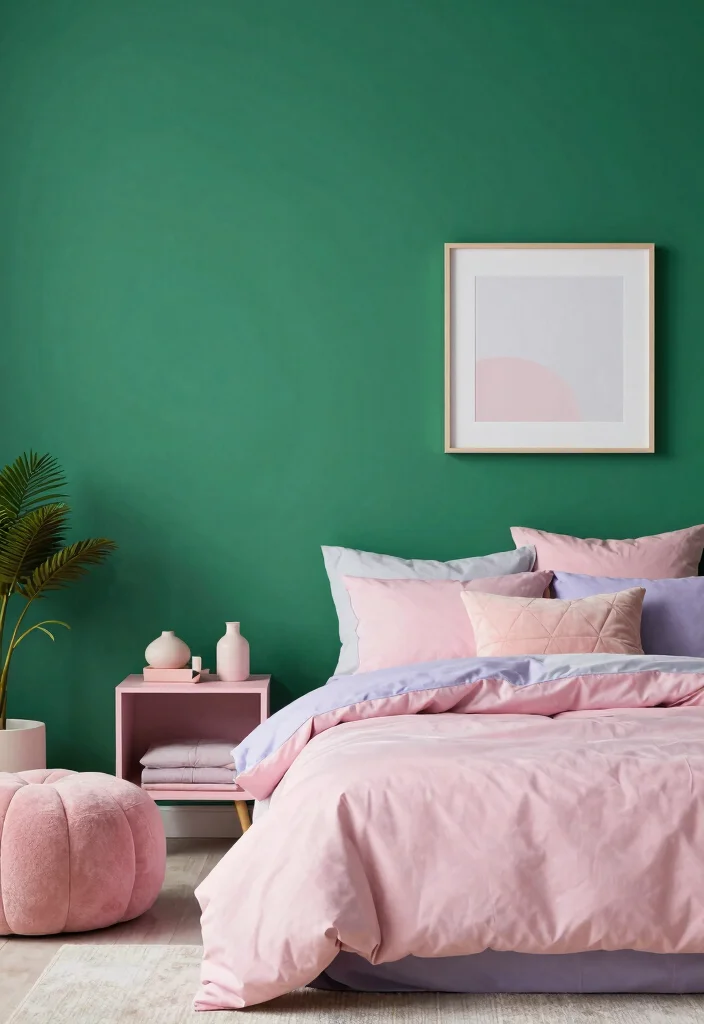 15 Dark Green Accent Wall Bedroom Ideas Bold and Cozy - 13. Playful Pastels Against Dark Green 1