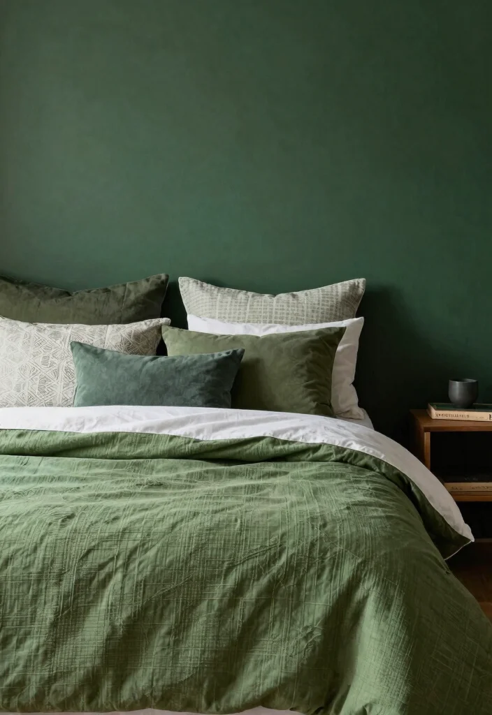 15 Dark Green Accent Wall Bedroom Ideas Bold and Cozy - 15. Cozy Color Layering 1