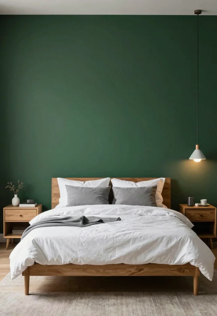 15 Dark Green Accent Wall Bedroom Ideas Bold and Cozy - 2. Modern Minimalism Meets Dark Green 1